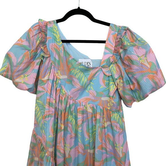 Alden Adair $328 Boho Mini Dress Puff Sleeve Asymmetric Neck Shift Chandler XS - Picture 5 of 9